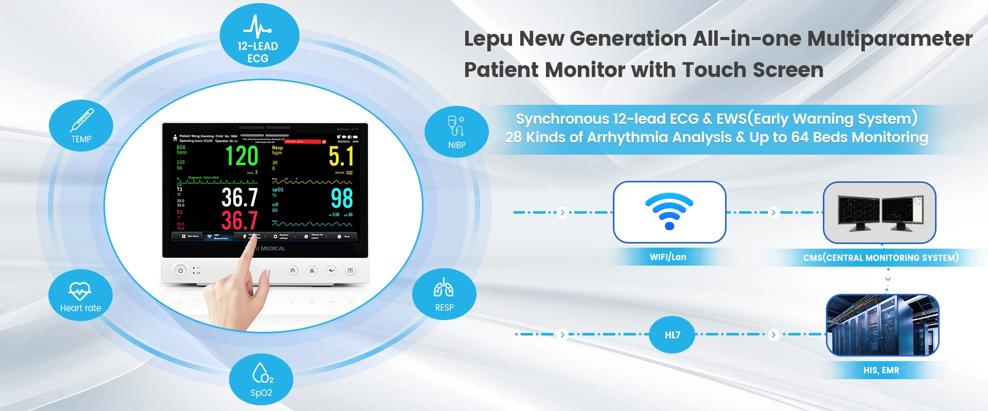 Lepu Medical AiView V12 Monitor portatile All-in-one dei segni vitali diagnosi dell'analisi AI Monitor paziente multiparametrico con Touch Screen per ospedale ICU clinica Home